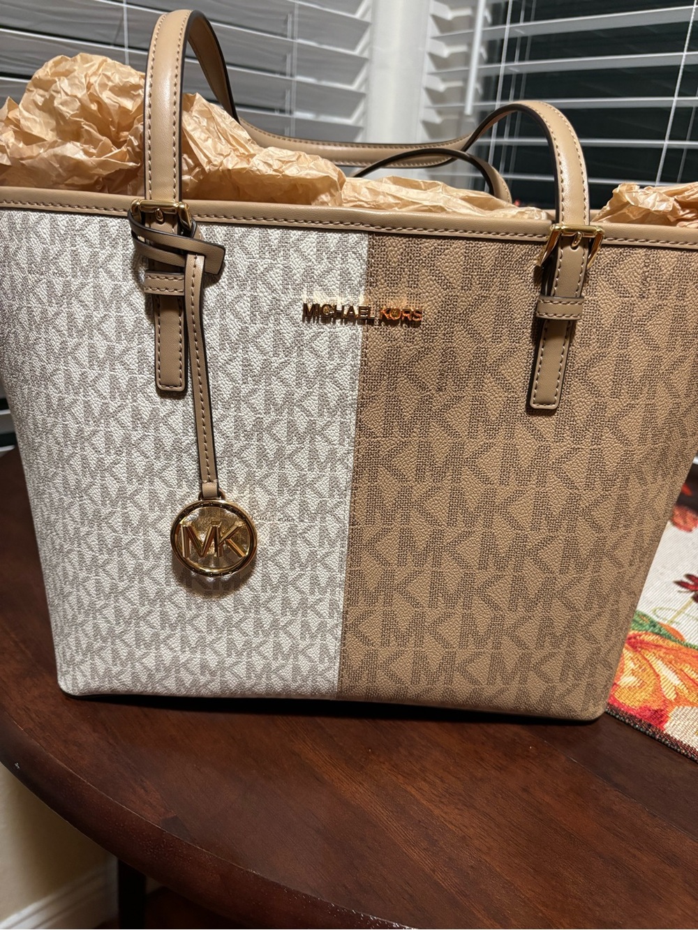 Michael Kors Two-Tone Beige and White Logo Tote